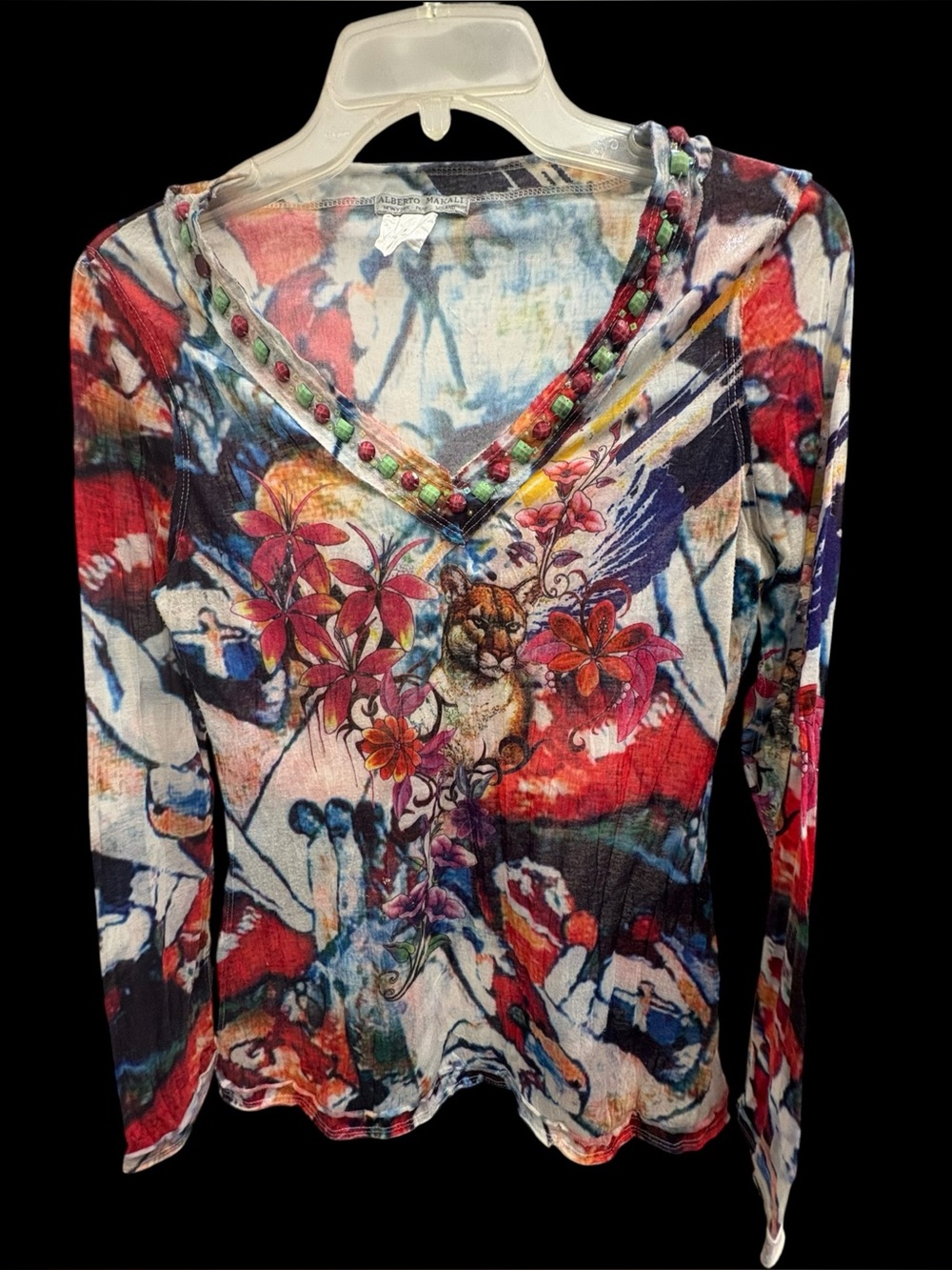 Alberto Makali Tiger Floral Beaded Multicolor V Neck Top Size S